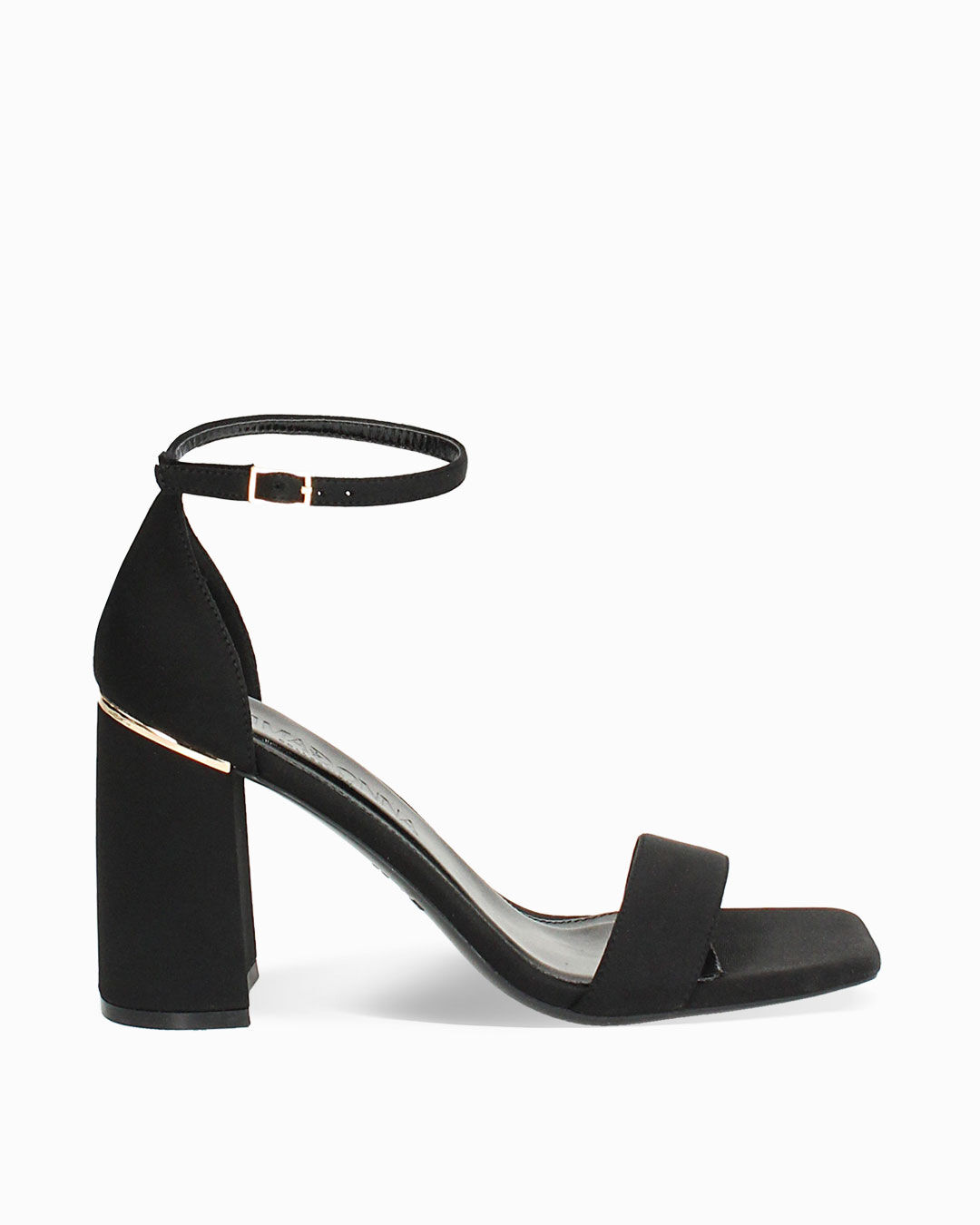 Sandalo donna nero in tessuto, tacco largo 9 cm
