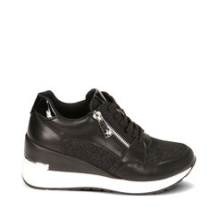 Sneakers nere in tessuto, zeppa 7 cm, 227516531TSNERO038, 001a