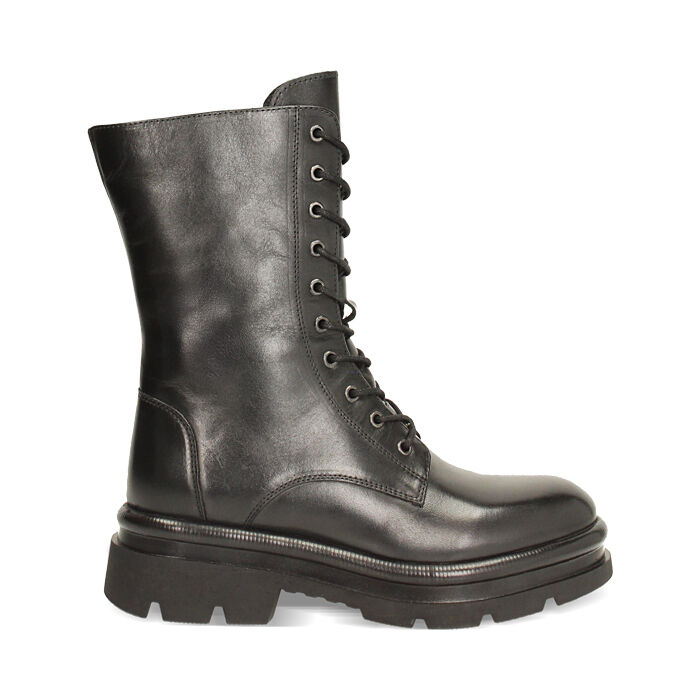 Bottines à lacets en cuir véritable noir avec talon de 4,6 cm, Primadonna, 26N525067PENERO035