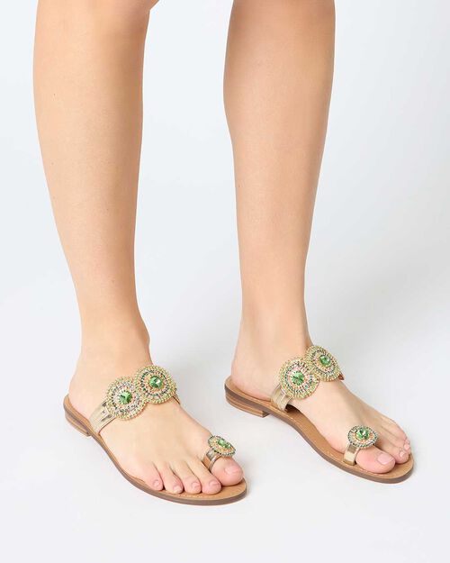 Sandali bassi donna oro con pietre verdi in laminato, MULTI COLOR