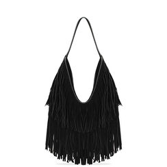 Borsa a spalla nera in microfibra con frange, Primadonna, 265126624MFNEROUNI, 001a