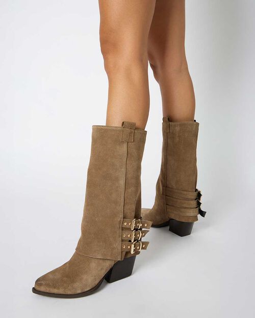 Bottines en daim taupe avec d&eacute;tails &eacute;l&eacute;gants, TAUPE
