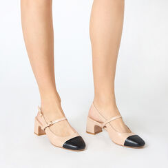 D&eacute;collet&eacute; slingback donna beige-nere, tacco largo 5 cm, Primadonna, 254920718EPBENE036, 002a