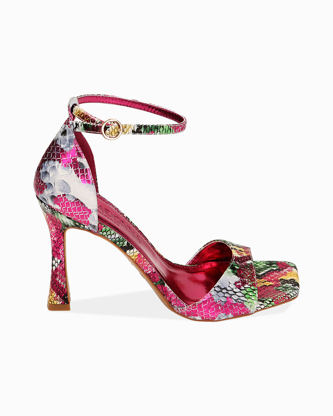 Décolleté open toe stampa pitone, tacco 9,5 cm