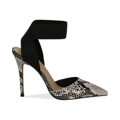 Slingback bianco/nere in eco-pelle, effetto snake skin, tacco 11,50 cm,