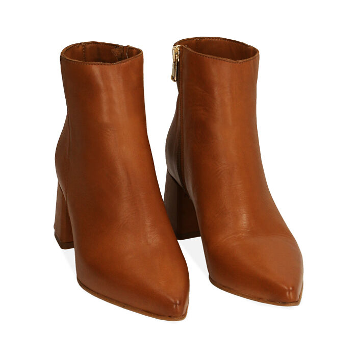 Botines mujer coñac de piel, tacón 6 cm | Primadonna