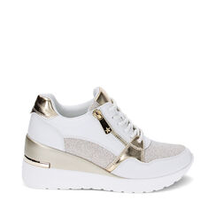 Sneakers bianco/oro, zeppa 7 cm, Primadonna, 237516531EPBIOR035, 001a