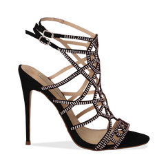 Sandali neri in microfibra e mini-strass, tacco stiletto 12 cm,