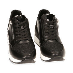 Sneakers nere in tessuto, zeppa 7 cm, 227516531TSNERO037, 002a