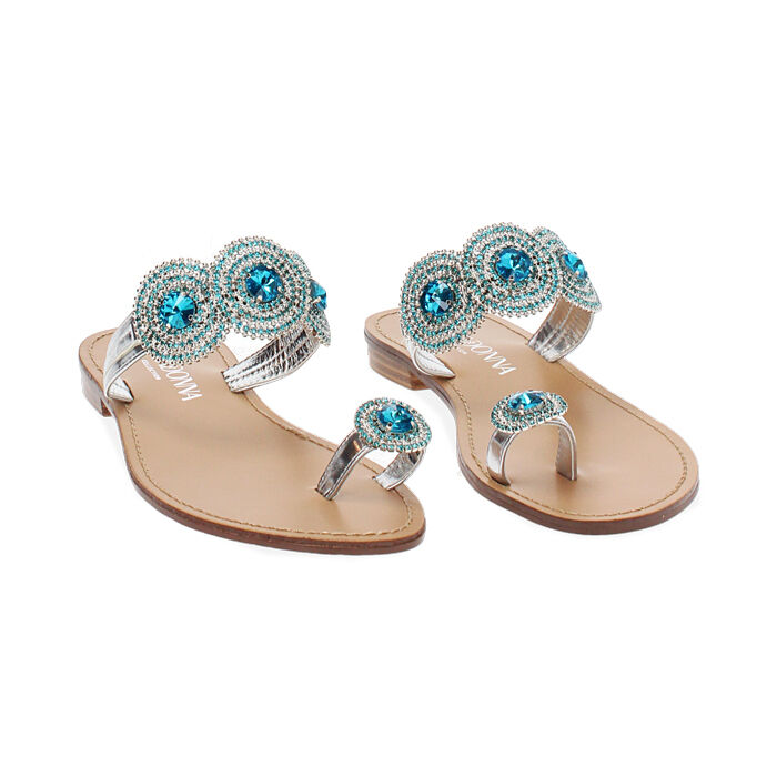 Sandales Plates Espirit Society 9 Bleu Avec Bijoux - Taille 6.5 US, Bout Rond, Idéales Pour L'été