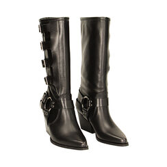 Stivali texani in pelle nera con fibbie, tacco 7 cm, Primadonna, 22A590175PENERO035, 002 preview
