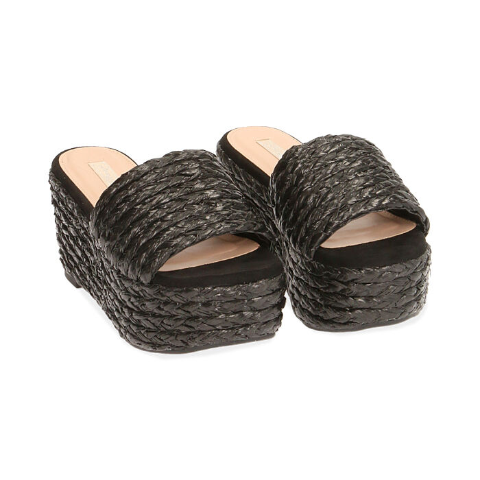 Zapatillas de rafia negra, tacón cuña 8,5 cm | Primadonna Collection