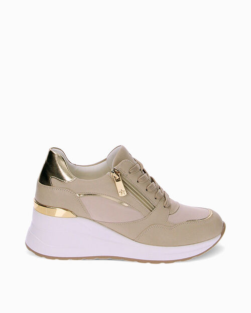 Sneakers beige con zeppa, BEIGE