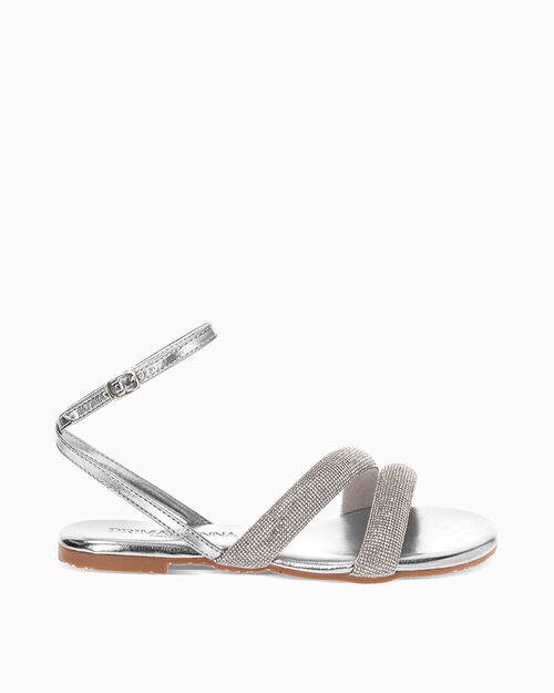 Sandali bassi donna argento in laminato con pietre, SILVER