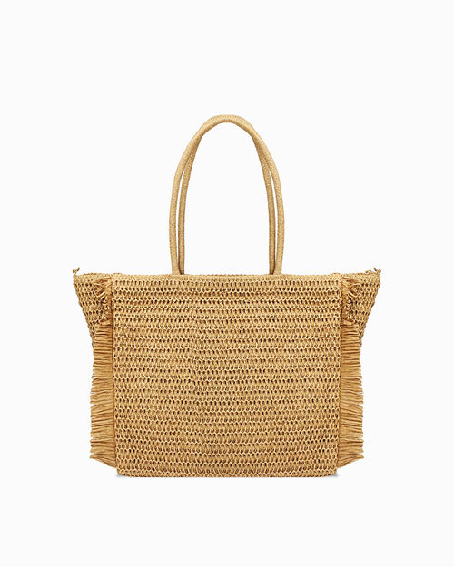 Borsa mare beige con dettagli sfrangiati, BEIGE