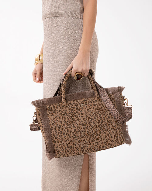 Borsa canvas leopard-marrone con tracolla, MULTI COLOR