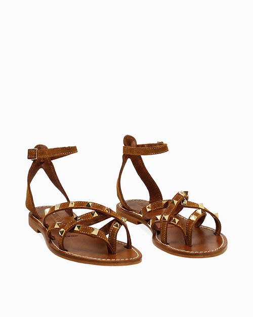 Sandali in camoscio con mini-borchie cognac, COGNAC
