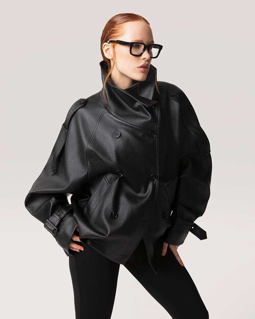 Giubbino nero oversize con colletto ampio, BLACK