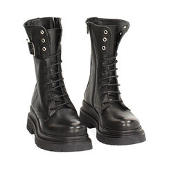 Bottines à lacets pour femme en cuir lavé noir, Primadonna, 261050504PANERO036, 003 preview