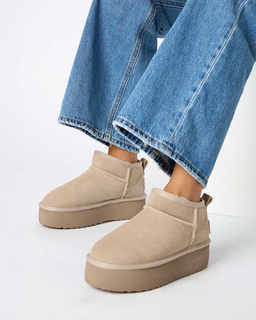 Bottines d'hiver beige en daim avec talon de 4,5 cm, BEIGE