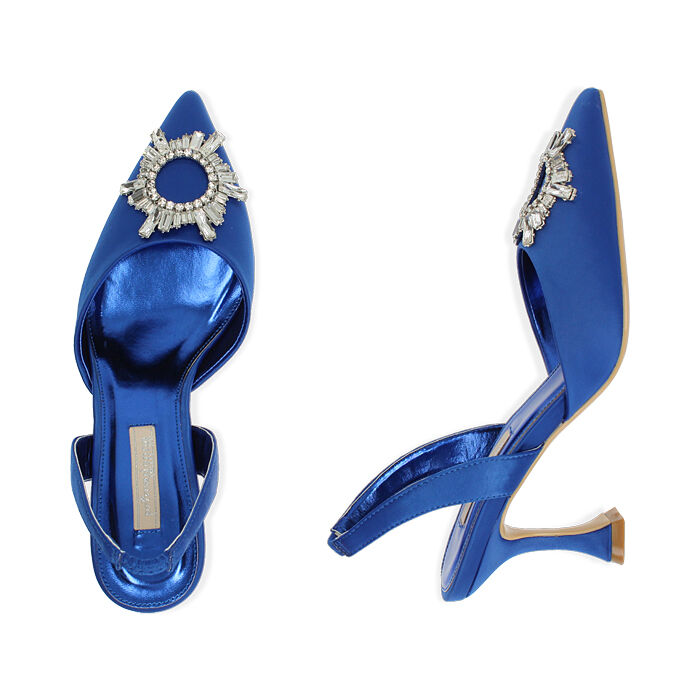 Slingback blu in raso, tacco 8 cm