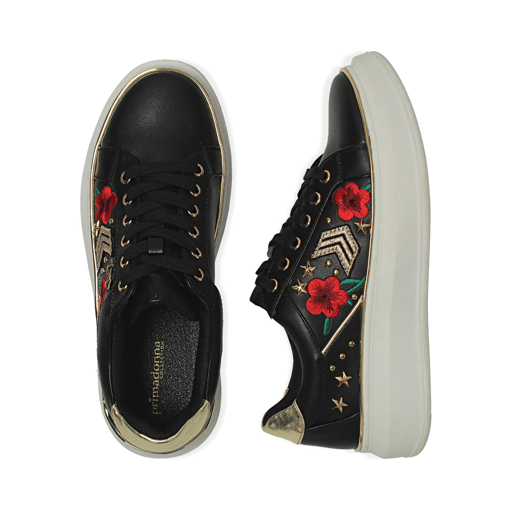 Romantiche sneakers nere in eco-pelle con ricami, borchie e stelle gold,  suola 4 cm