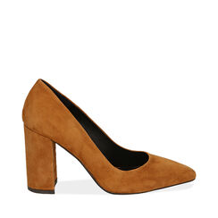 Décolleté cuoio in camoscio, tacco colonna 9 cm , Primadonna, 16D600201CMCUOI036, 001a