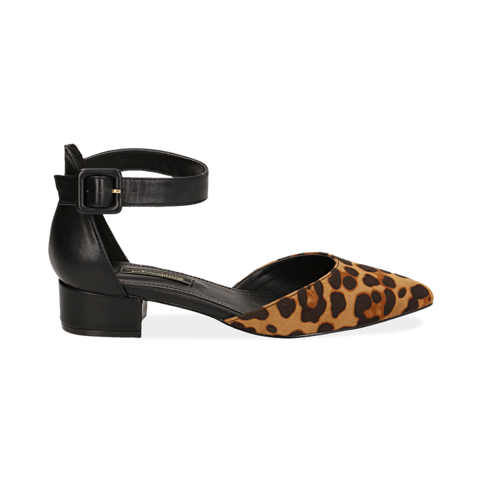 D&eacute;collet&eacute; leopard in microfibra con cinturino alla caviglia, tacco 3,50 cm , Scarpe, 144820733MFLEOP037
