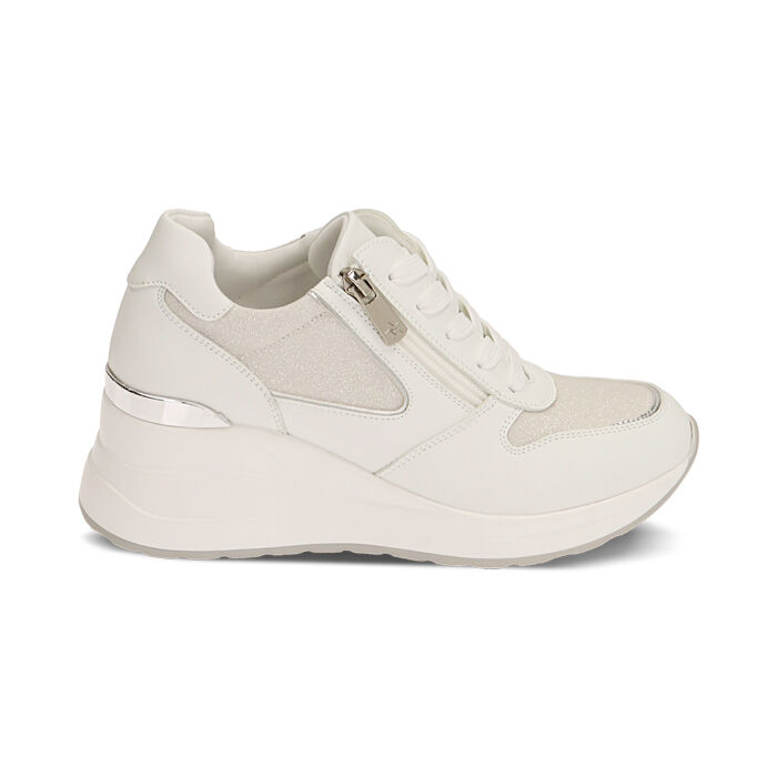 Sneakers bianche, zeppa 6 cm, Primadonna, 212850921EPBIAN035