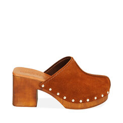 Zoccoli cognac in camoscio, tacco 7,5 cm, Primadonna, 214375853CMCOGN037, 001a