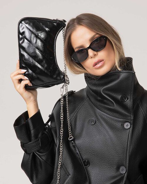 Mini bolsa negra brillante con correa removible, BLACK