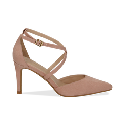 Décolleté nude in microfibra con cinturini incrociati, tacco 8 cm,