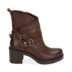 Biker boots cuoio con fibbie in eco-pelle, tacco 7 cm , Scarpe, 143091353EPCUOI036, 001a