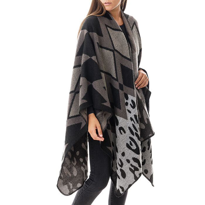 Poncho noir/gris avec détails léopard, Special Price, 20B417312TSNEGRUNI