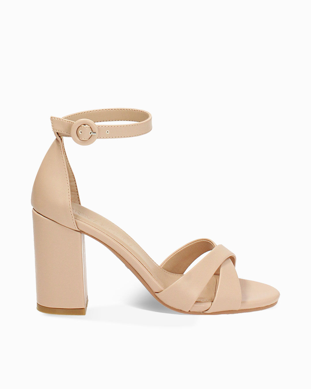 Sandalo donna beige con braccialetto, tacco largo 8,5 cm