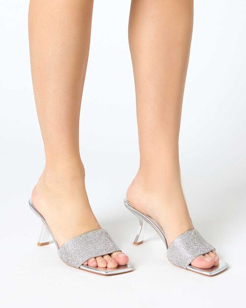 Mules open toe donna argento in laminato e pietre, tacco 7,5 cm, SILVER