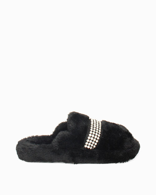 Pantoufles noires en fourrure synth&eacute;tique avec semelle en caoutchouc, BLACK
