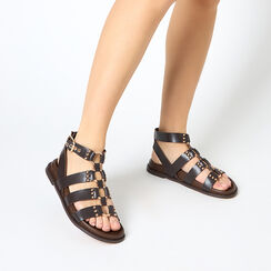 Sandales plates femme marron en cuir, Primadonna, 25N151013PEMARR036, 002a
