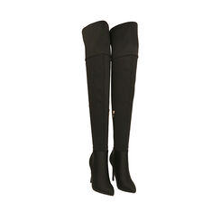 Stivali overknee nero in tessuto elasticizzato, tacco 10,5 cm, 202118621LYNERO039, 002a