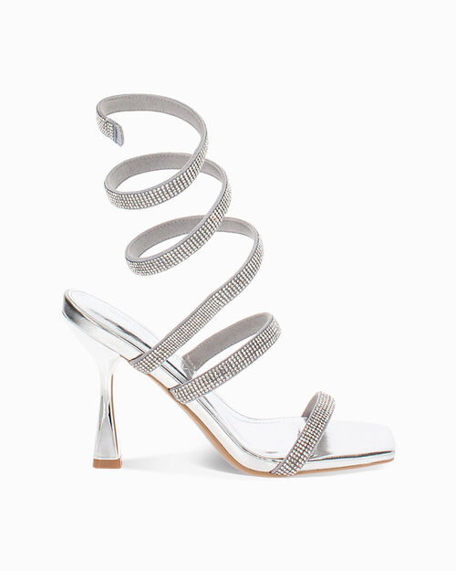 Sandali argento tacco 9,5 cm con pietre, SILVER