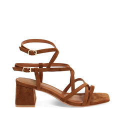 Sandalo donna cognac in microfibra, tacco largo 5,5 cm, Primadonna, 254947147MFCOGN036, 001a