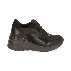 Sneakers nere in tessuto, zeppa 6 cm , Primadonna, 202836646TSNERO035, 001 preview