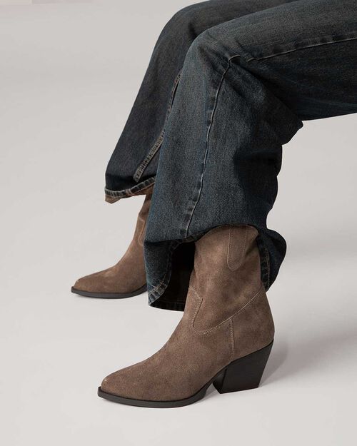 Bottine texane taupe en daim talon 7 cm, TAUPE
