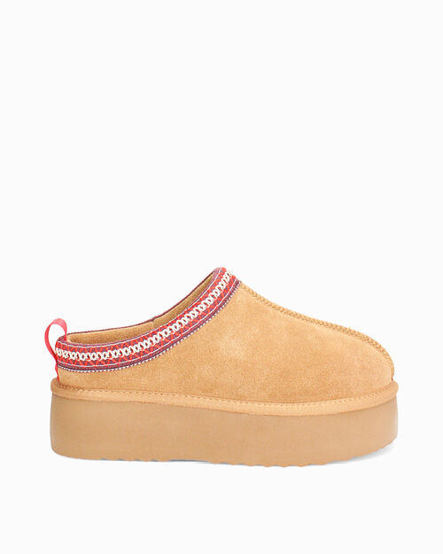 Pantoufles en daim camel avec talon de 4,5 cm, CAMEL
