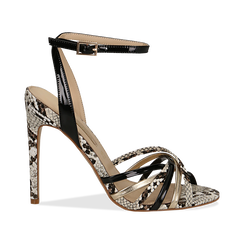 Sandali multilistino neri in eco-pelle effetto snake skin, tacco 11 cm,