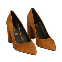Décolleté cuoio in camoscio, tacco colonna 9 cm , Primadonna, 16D600201CMCUOI036, 002a