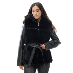 Fourrure noire avec ceinture à manches longues, 248502310FUNEROXL, 001a