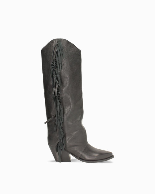 Stivali texani con frange in pelle lavata nera con tacco 7,2 cm, BLACK