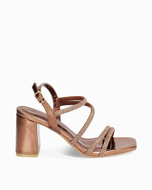 Sandalo donna rame da sera, tacco largo 7,5 cm, COPPER
