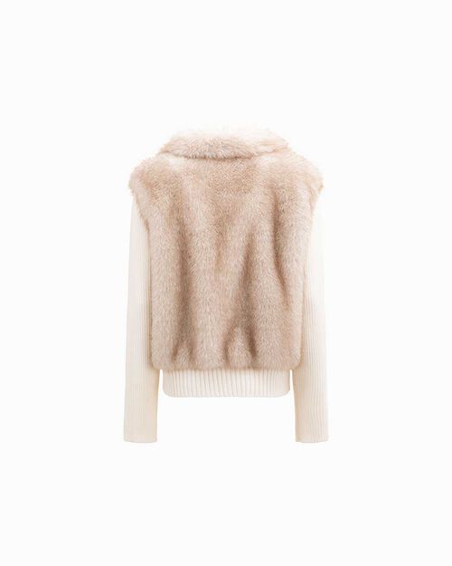 Chaqueta de pelo sint&eacute;tico crema con detalles de canal&eacute;, CREAM
